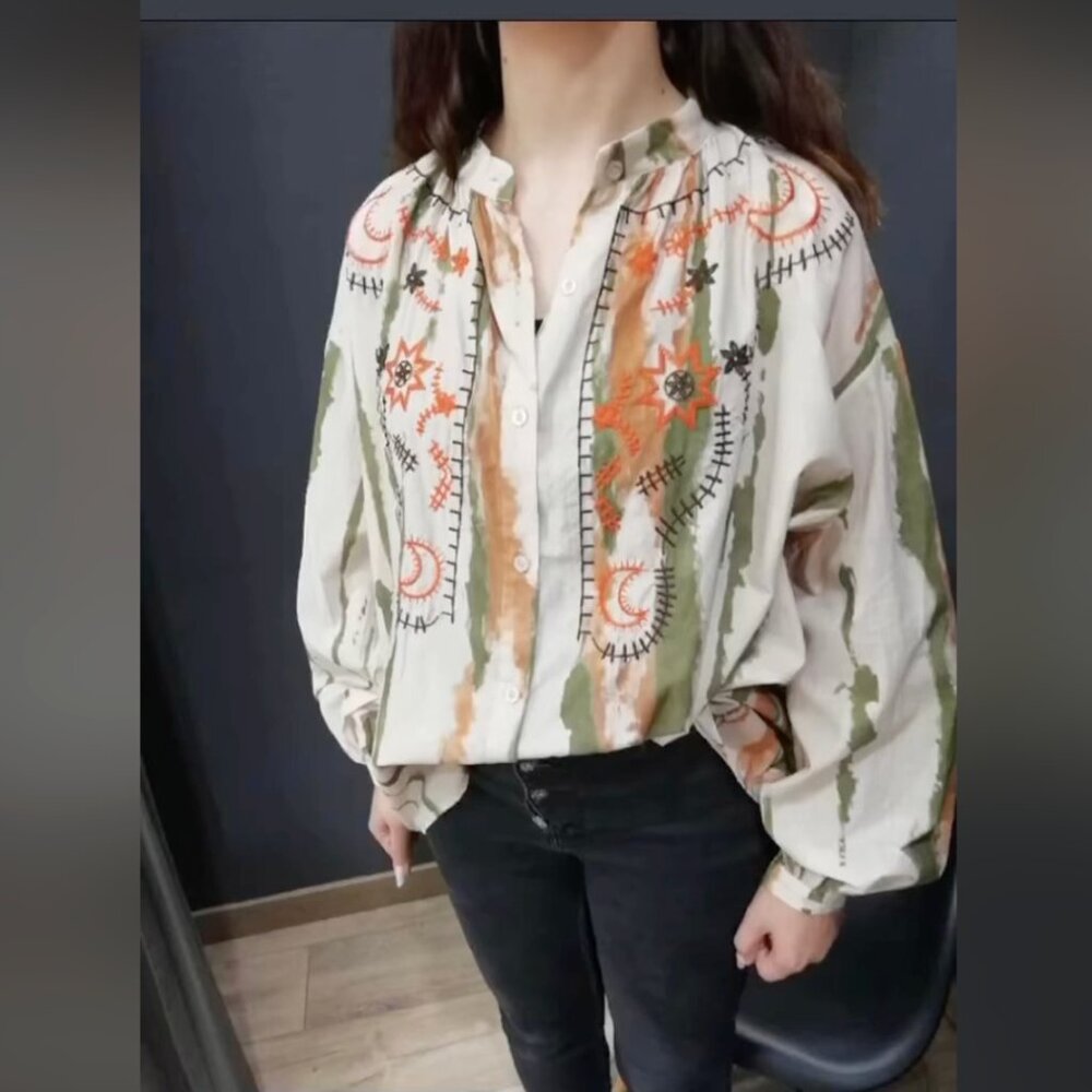 NWT Johanna Paris Embroidered Button-Neck Blouse Martini Olive 100% Cotton